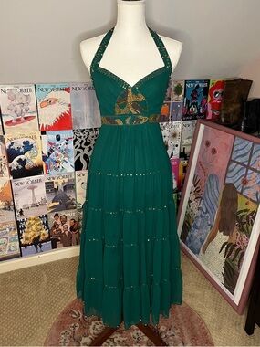Marciano Emerald Halter Midi Dress with Gold Beading